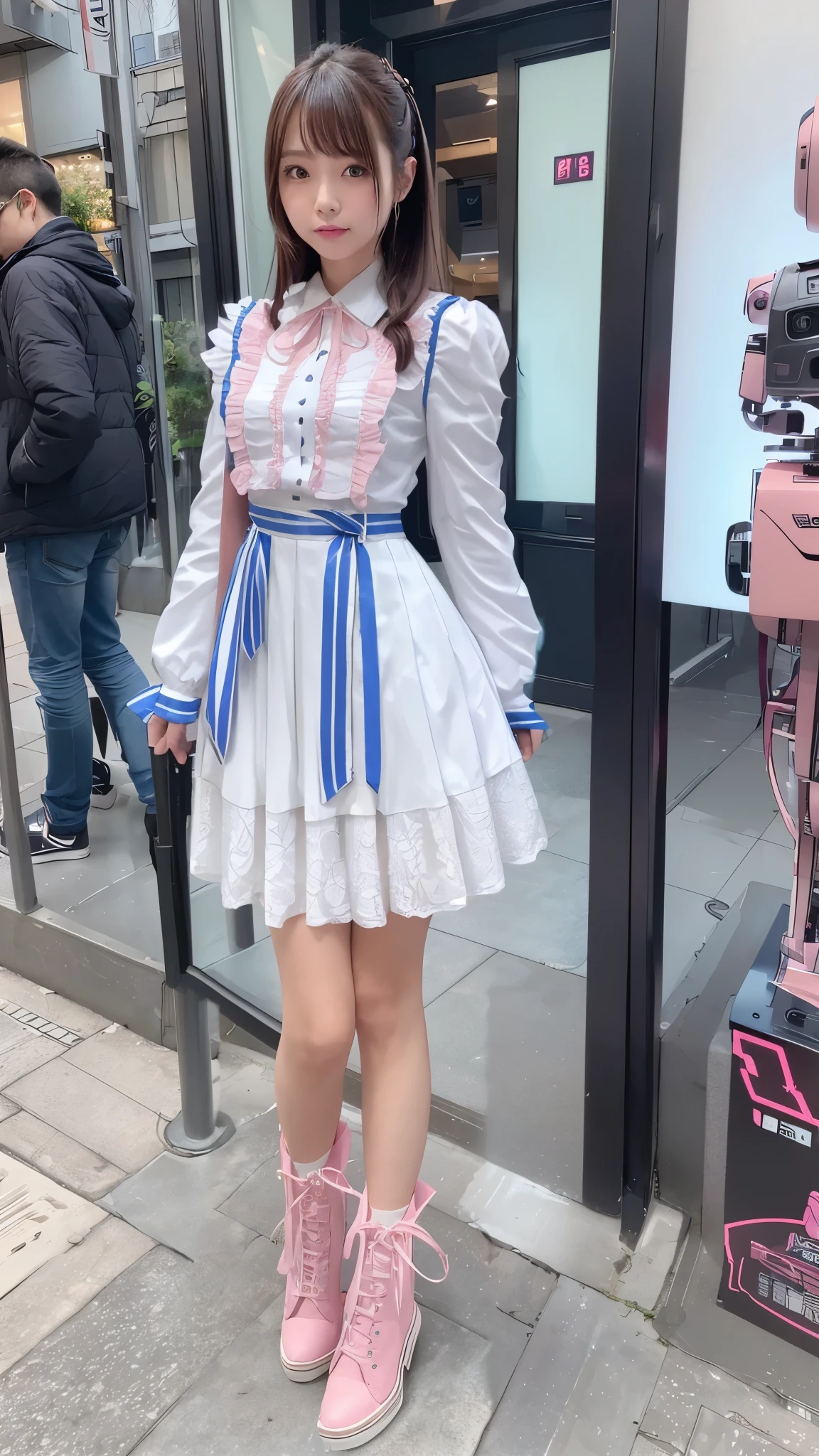 Costume like a idol, blue and white half sleeve Jacket, pink satin ruffled blouse, White and pink stripe pleated skirt, white lace up boots