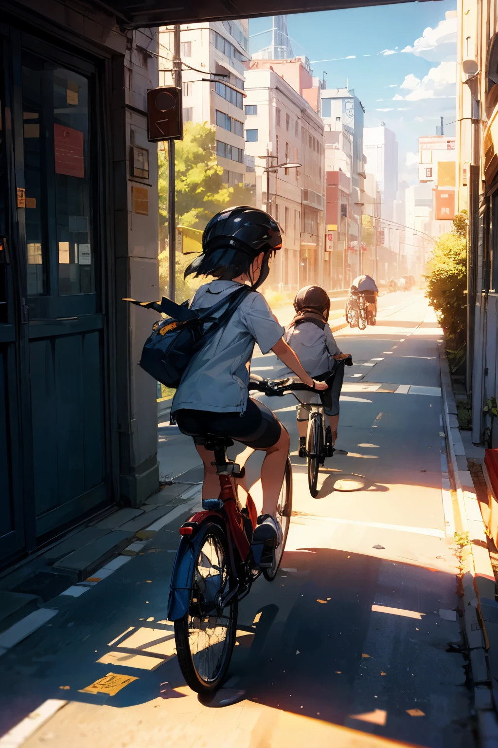 summer，Small children riding bicycles，Sunlight，City，Horizon composition