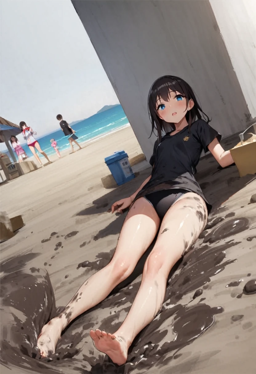 My feet are covered in mud、With sea mud、shoot from below、Black T-shirt、Black Swimsuit、The buttocks are digging in、Thighs、Girl、Girl、Short、Younger、Lower school year、Baby Face、Both eyes open、flat chest、Dynamic Angle、The background is a beach、There's mud on my face