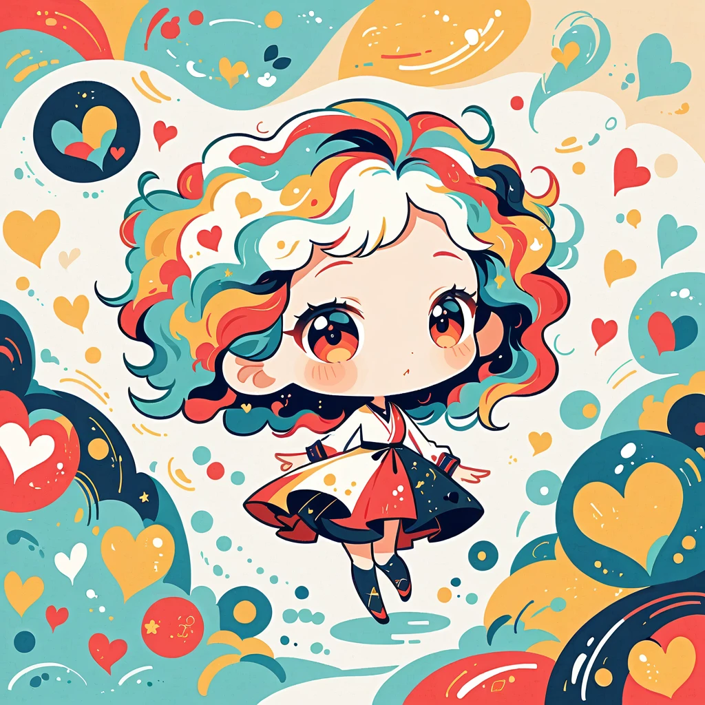 Black Star Red and White style, Simple Line Initialism，Abstract art，Urban Background, colorful hearts ,(((The most beautiful girl of all time))), (((chibi))), walking with Cute amoeba