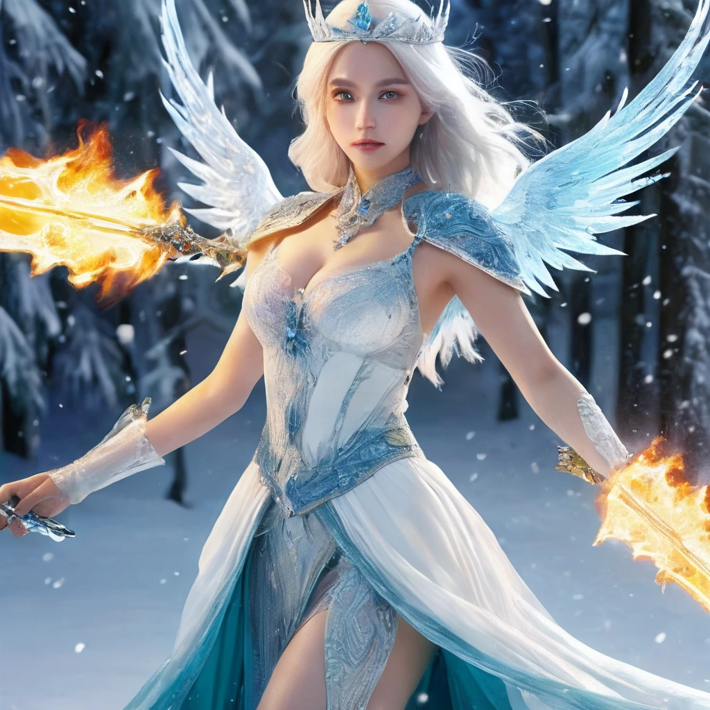 (Best quality, high resolution, masterpiece :1,3), realistic 3d render, snow queen, beautyfull, breasts, blue crown with green crystals, long white hair, big wings angels, white dress with blue details, blue eyes. action pose (ice sword in hand), (background snow and ice effect)