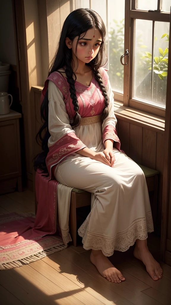 : A young woman's bedroom in India, bathed in the soft afternoon light filtering through a large window. The room is decorated with vibrant textiles and warm wood furniture, but a sense of melancholy hangs in the air.
Character: An Indian woman in her late s, early twenties. Her long, dark hair cascades down her back in gentle waves. Her beauty is undeniable, with warm brown skin, large, expressive eyes (color of your choice) and a delicate nose. However, her eyes are downcast, and a frown creases her brow.
Details:
She's dressed in a simple salwar kameez, the fabric contrasting with the ornately patterned curtains framing the window.
Raindrops streak the glass, blurring the vibrant scene outside. Is it a sudden downpour interrupting a sunny day, or a gentle, melancholic drizzle?
On the windowsill sits a single wilting marigold flower, its vibrant orange a stark contrast to her mood.
A half-written letter lies crumpled on the floor beside her.
Possible Emotions:
Loneliness
Longing
Disappointment
Frustration
Uncertainty
Prompt Questions:
What's causing her sadness? Is it a fight with a loved one, a missed opportunity, or a deeper, existential worry?
What's the story behind the crumpled letter? Was it a love confession, a heartfelt plea, or a goodbye?
Is there a flicker of hope in her eyes despite the sadness? What might bring her a smile?
Bonus:
Give the scene a title that reflects the character's emotions.
I hope this detailed prompt helps you create a beautiful and evocative image!
tune
share
more_vert
expand_content
add_photo_alternatephoto_camera
mic
send
Gemini may display inaccurate info, including about people, so double-check its responses. Your privacy and