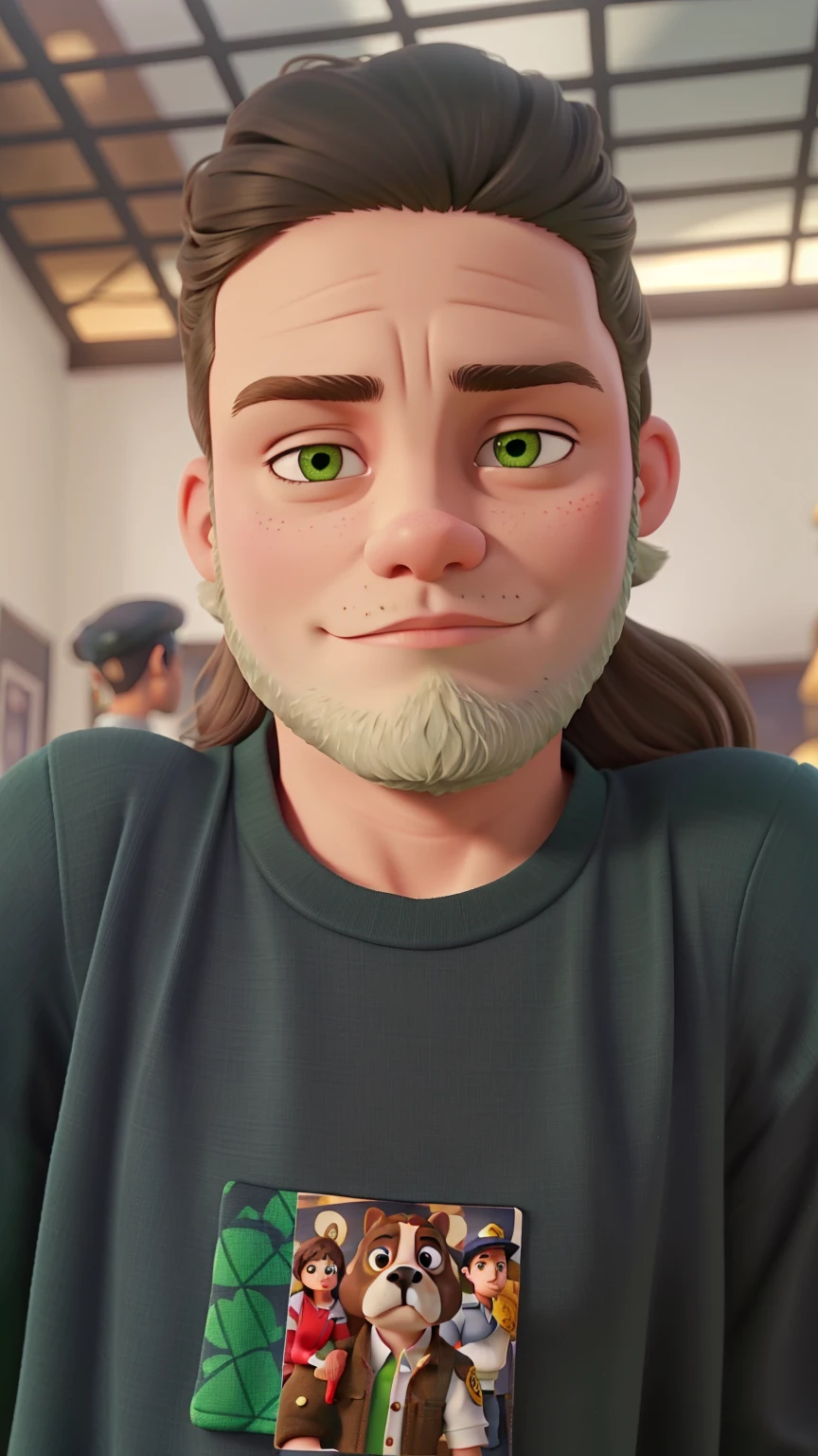 brunette woman. Bulldog, green dress. Man with uniform beard.