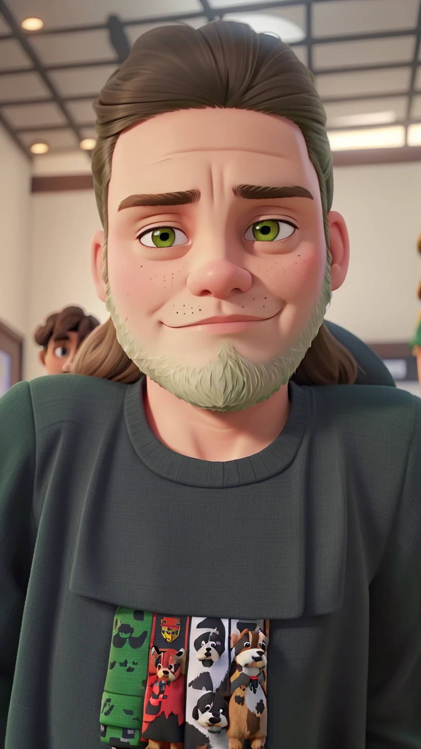 brunette woman. Bulldog, green dress. Man with uniform beard.