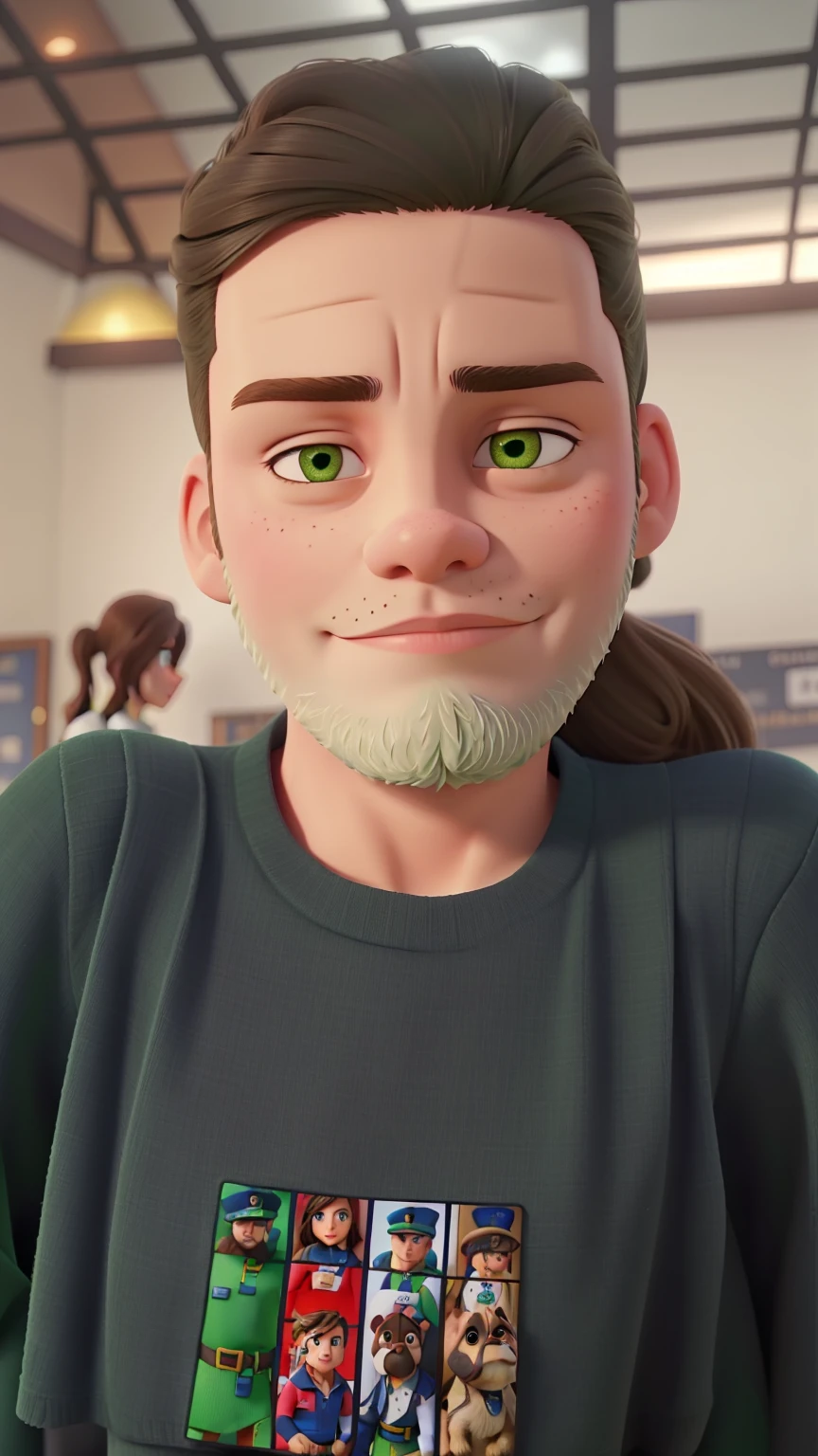 brunette woman. Bulldog, green dress. Man with uniform beard.
