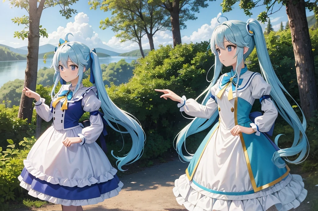 masterpiece, Highest quality, Princess_Aqua_KonoSuba, Yellow and white dress, Iris, Light blue long hair、Twin tails、 Are standing, (pay: 1.1), cloud, In the woods、White castle by the lake、Near and far、blue sky