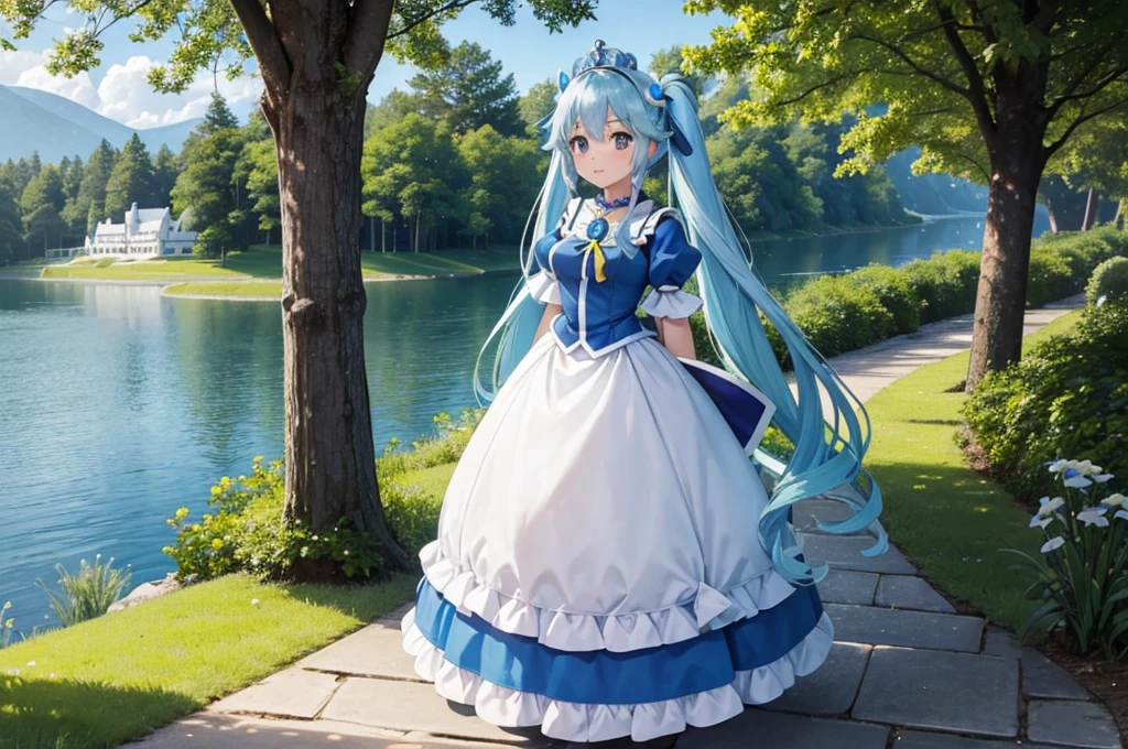 masterpiece, Highest quality, Princess_Aqua_KonoSuba, Yellow and white dress, Iris, Light blue long hair、Twin tails、 Are standing, (pay: 1.1), cloud, In the woods、White castle by the lake、Near and far、blue sky