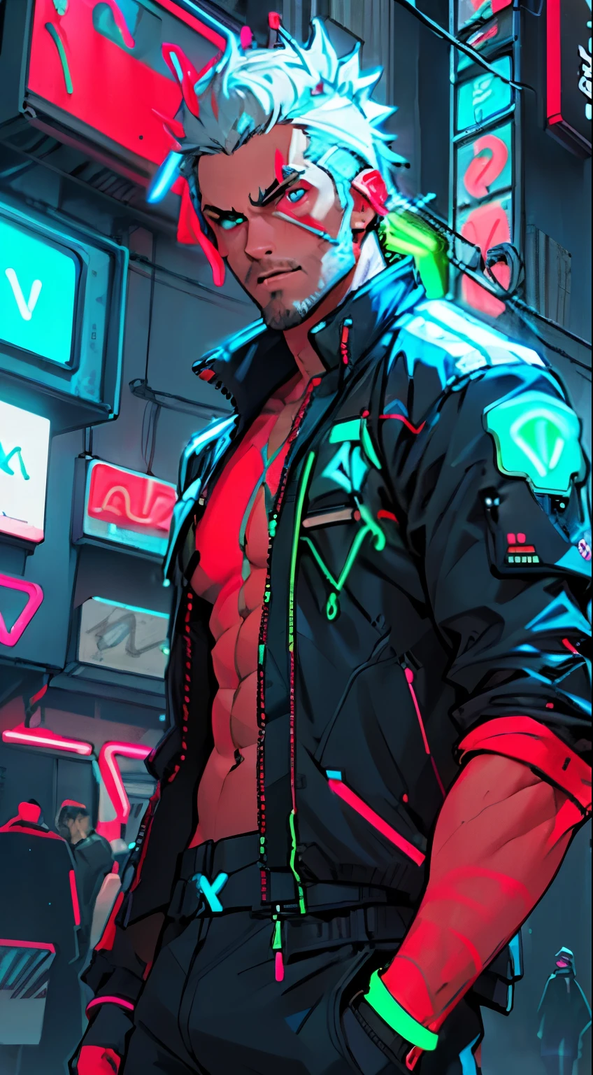 Sci-fi, cyberpunk.solo,light blue eyes,looking at viewer, short hair, shirt, red eyes, 1boy, upper body, white hair, white hair, male focus, open clothes, muscular, facial hair, scar, thick eyebrows, pectorals, muscular male, bara, stubble, large pectorals, sideburns, mature male, stubble, bare pectorals,(neon blue 1:1), best quality, (neon red 1:2), higher detail, masterpiece, grungy futuristic city, (ray trace), city lights, crowded streets, HDR, 4k, 8k, 3D