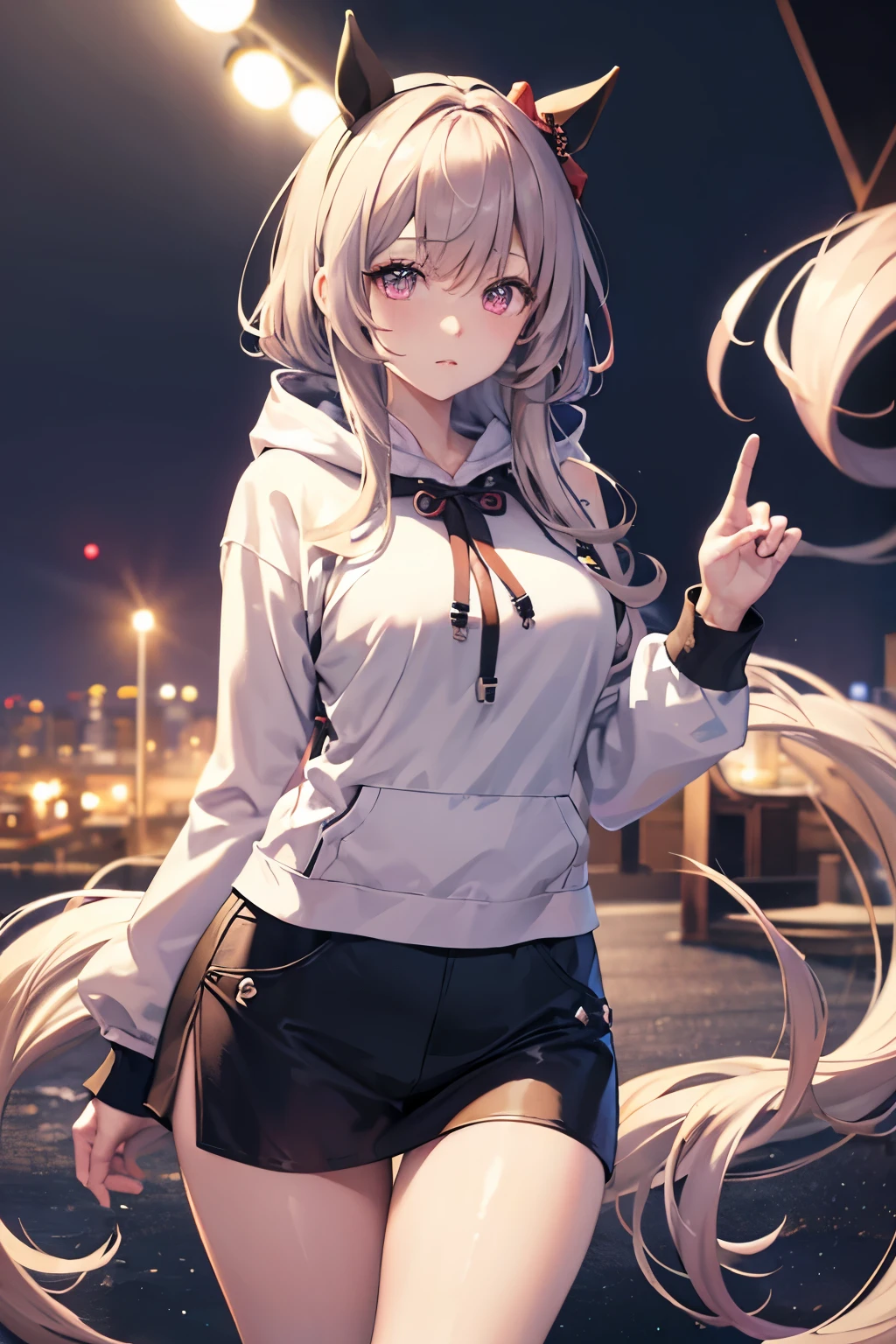 masterpiece, Highest quality, 1 person,( Are standing, View your audience,),Detailed Background、A person who writes in detail、Accurate human body、Knowledgeable person、Accurate 5-finger,Mature Woman,Thighsが太い,Cruby Body,urren chan, horse ears, horse tail,Long sleeve、Thighs、alone,((Oversized hoodie,)),((zettairyouiki)),