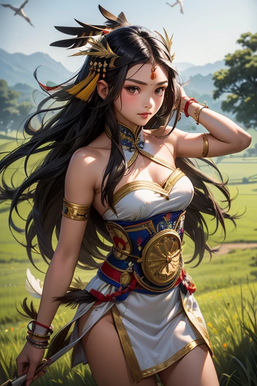 16 years old Chinese Indonesian young girl long black hair pretty face beautiful breast white skin, Wearing strapless Sleeveless Dayak traditional clothing complete with bird feather decoration on the head dancing in grass field 