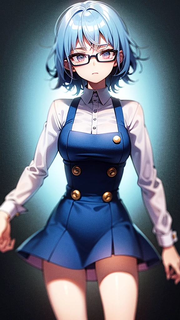 a woman with blue hair and glasses in a blue and white outfit, neferpitou, giorno giovanna, psykos one punch man, high quality colored sketch, anime girl with teal hair, full color manga visual style, best anime character design, blue scales covering her chest, female anime character, portrait of a female anime hero, short blue haired woman, colored manga panel, white haired deity, solo, de corpo inteiro, corpo atraente, cabelo longo, 