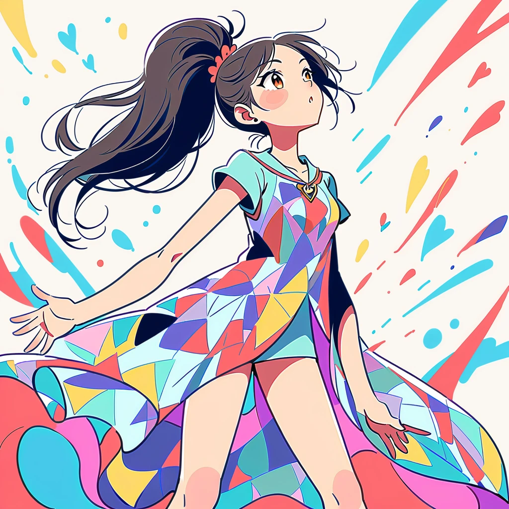 Black Star Red and White style, Simple Line Initialism，Abstract art，Urban Background, colorful hearts ,(((The most beautiful girl of all time))), walking with Cute amoeba