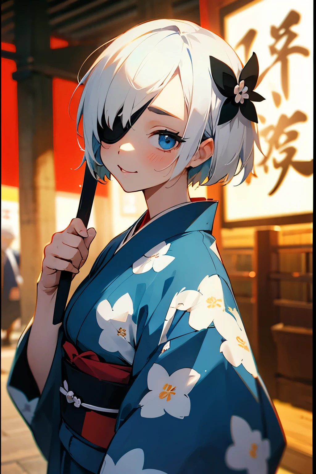 woman with black eye patch Short hair with a barrette, white hair, blue eyes, wearing a blue and black and white floral kimono, cute, cheerful, a little red. Asked in the middle of the crowd. At night, in the Edo period, there was a festival, with a cute flower gift, holding a cute Japanese bag.