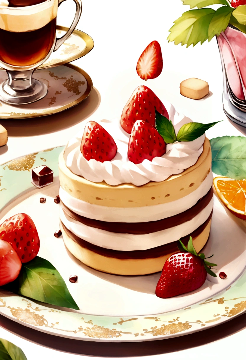 (pastel colors:1.2)、(Cute illustrations:1.2)、(watercolor painting:1.2)、White background、Floral、Green Leaf、strawberry, orange, fruit、shortbread、citric acid、acid、甘acidっぱい、Overall light pinkish green,,,、Nonsense、Bread、cooking、Cup cake、Tiramisu、Cream cake、candy、afternoon tea、Sweet、Light Particles、drink、ice cube、still life photography