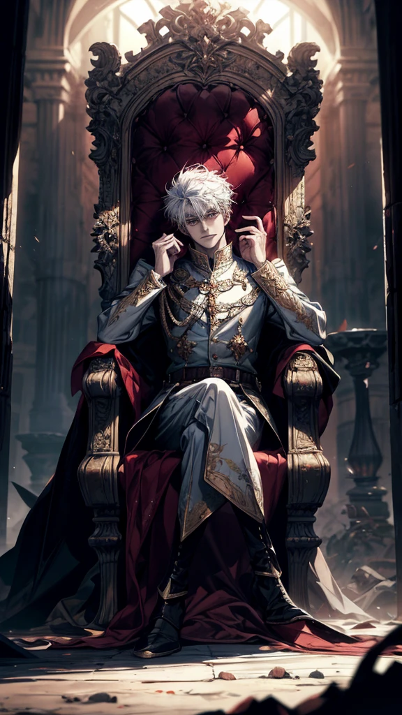 white haired, A red-eyed man sits on a majestic throne inside an abandoned palace. The environment around it is dark and gloomy,The throne is broken decorated, with details of gold and precious stones, and white ordinary outfit medieval. When he looks at the horizon with red eyes, Masterpiece, Best Quality, Ultra-detailed, illustartion, concept art in 8K resolution, Fantasy art, epic art, concept art wallpaper 4k, Deep color, natural lighting