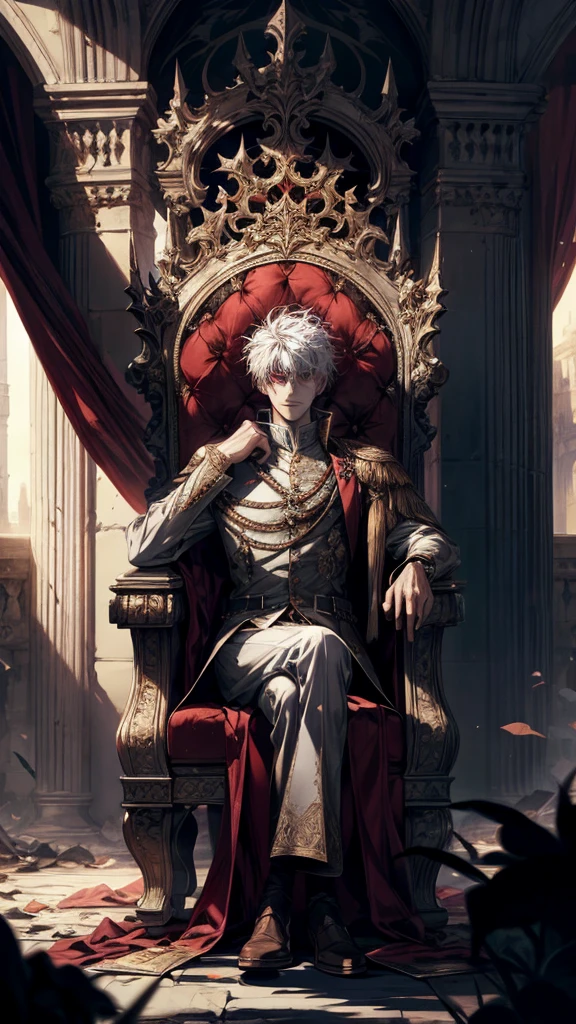 white haired, A red-eyed man sits on a majestic throne inside an abandoned palace. The environment around it is dark and gloomy,The throne is broken decorated, with details of gold and precious stones, and white ordinary outfit medieval. When he looks at the horizon with red eyes, Masterpiece, Best Quality, Ultra-detailed, illustartion, concept art in 8K resolution, Fantasy art, epic art, concept art wallpaper 4k, Deep color, natural lighting