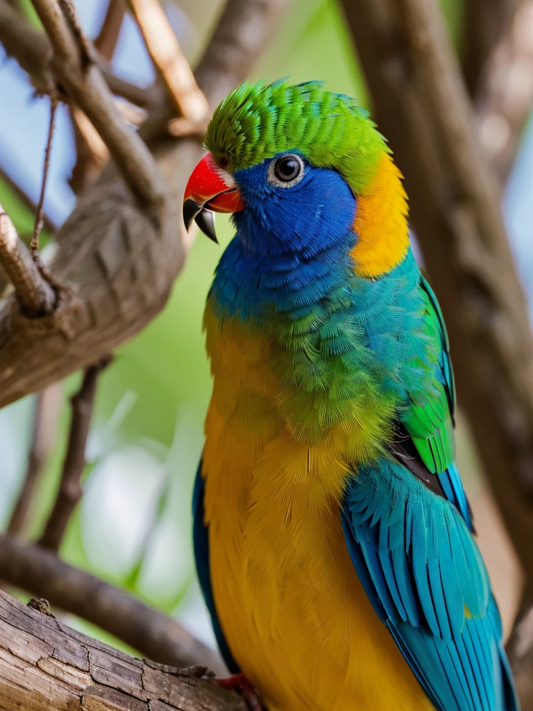  Create a highly detailed and close-up photograph of a Blue-crowned Hanging Parrot (Loriculus galgulus), focusing on its face. The image should capture the intricate details of the bird’s features, including its vibrant green plumage, striking blue crown, and bright red throat patch. Emphasize the texture and individual feathers, the sharpness of its small, curved beak, and the clarity of its bright, inquisitive eyes. Use a shallow depth of field to blur the background, making the bird’s face stand out prominently. Ensure the lighting is soft and natural, highlighting the sheen on its feathers and the subtle color variations. The close-up should convey the bird’s lively and curious expression, showcasing its beauty and unique characteristics with stunning realism and detail."