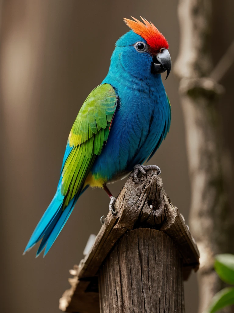 Create a highly detailed and close-up photograph of a Blue-crowned Hanging Parrot (Loriculus galgulus), focusing on its face. The image should capture the intricate details of the bird’s features, including its vibrant green plumage, striking blue crown, and bright red throat patch. Emphasize the texture and individual feathers, the sharpness of its small, curved beak, and the clarity of its bright, inquisitive eyes. Use a shallow depth of field to blur the background, making the bird’s face stand out prominently. Ensure the lighting is soft and natural, highlighting the sheen on its feathers and the subtle color variations. The close-up should convey the bird’s lively and curious expression, showcasing its beauty and unique characteristics with stunning realism and detail."