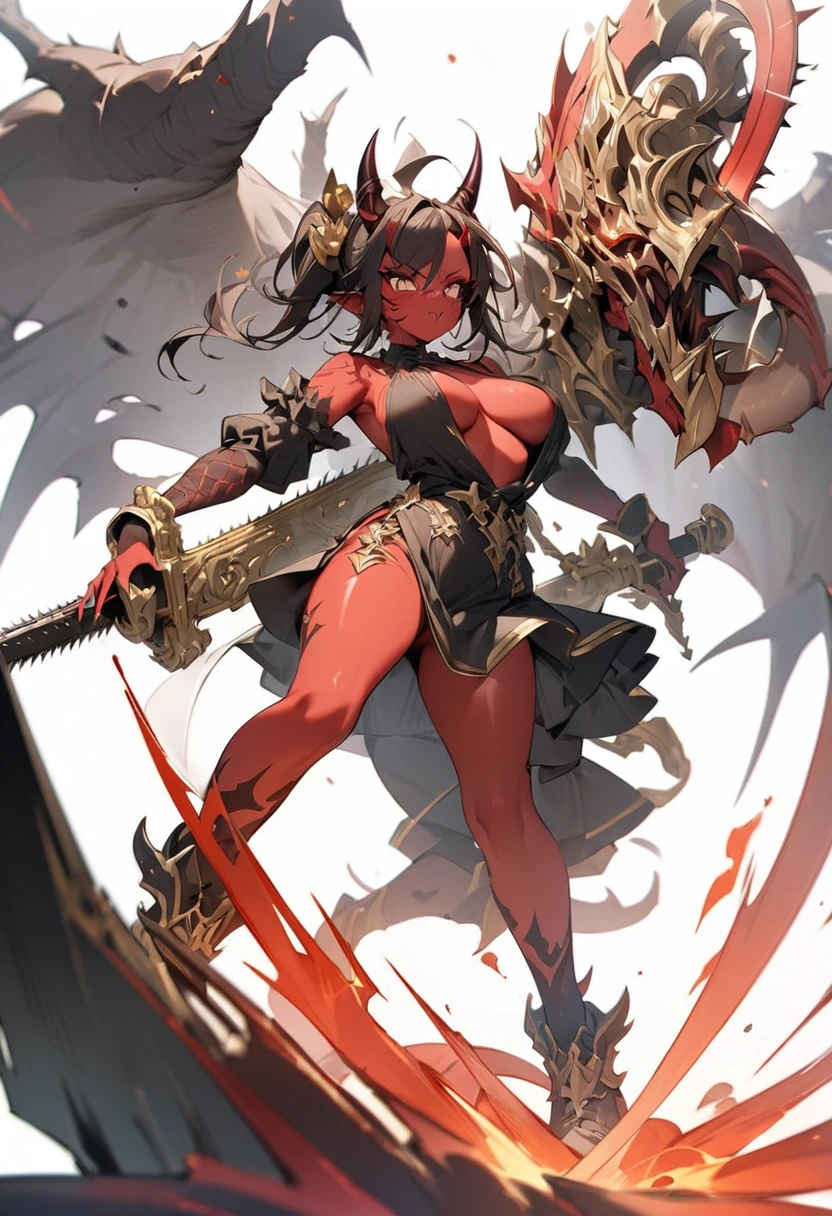 ({masterpiece}},{best quality,},white background,full body,fantastic,1 Demon,Red skin,Horns,Chainsaw sword,Brass decoration,({masterpiece}},{best quality}