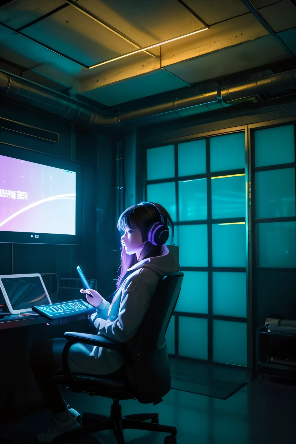 In a dimly lit private room with neon lights, a girl is listening to music with headphones.
She is sitting in a chair.
The screen of the tablet in his hand is facing you.
Half of the resulting image is filled with tablet screens.