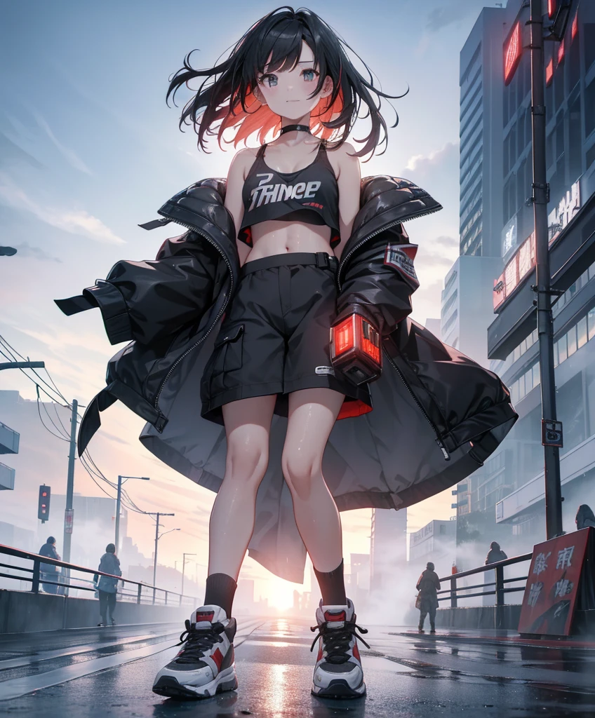 dance、Artistic jump、break dance、Intense movement、Collapsed night city、Cyberpunk Style、Blade Runner atmosphere、Steam is coming out of the exhaust port on the road surface、The road is wet、solo、Fluttering Hair、cute、Beautiful woman、Small Face、White skin、Abdominal muscles、、Bright smile、Mouth half open、White teeth are visible、(Gradient color of black red hair、Disheveled long hair)、(cargo pants、Tank top、White sneakers)、(Delicate and fine fingers、Detailed body、Detailed Weapons、Human hand)、(Detailed face) 、(In 8K、Highest quality: 1.4、masterpiece、 Ultra-high resolution、 Highest Resolution,、Very detailed、 Professional Lighting、 Gray Light Lighting、Low angle from below、Blowing steam into the landscape、Fog in the landscape、Foggy、