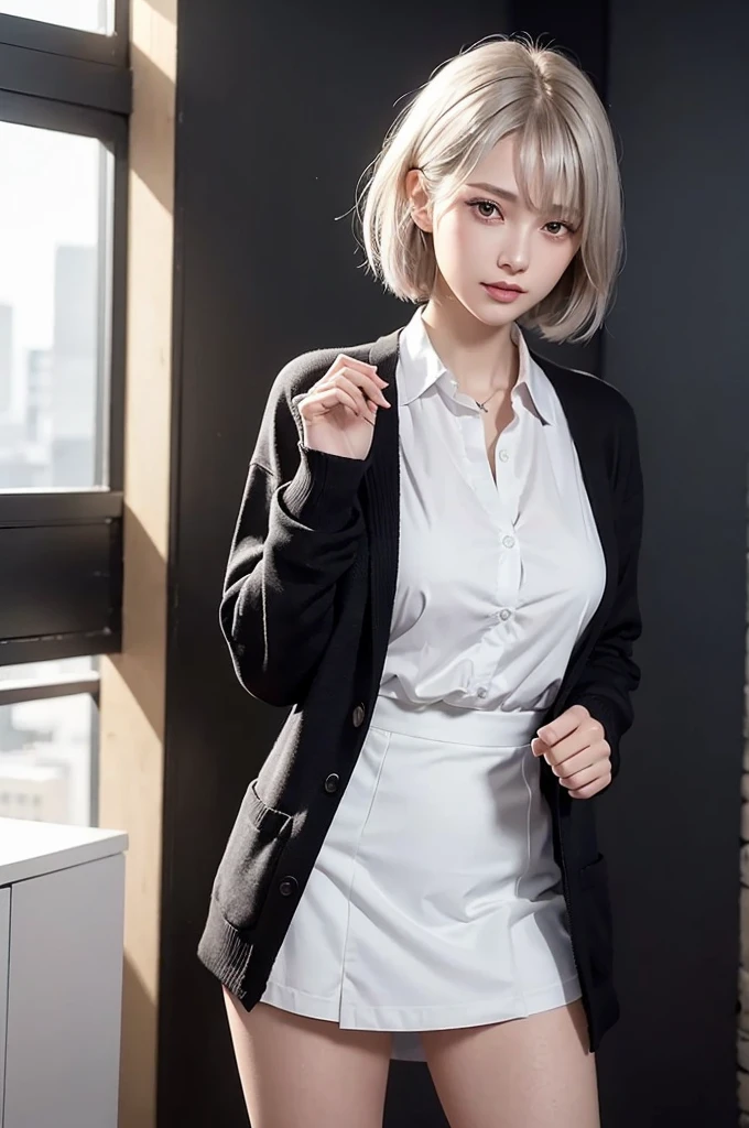 (RAW Photos, Highest quality), (Realistic, Photorealistic:1.3), masterpiece, Very delicate and beautiful, Very detailed, CG, Unity , 2k wallpaper, wonderful, Fine details, A light smile, Very detailed Cg Unity 8K wallpaper, Huge file sizes, Super detailed, High resolution, Absurd, Soft Light, (((short hair:1.3), Short bangs, Silver Hair, Floating Hair NovaFrogStyle)), Beautiful detailed girl, Detailed fingers, Very detailed eyes and face, Beautifully detailed nose, Beautiful attention to detail, Long eyelashes, Light on face, Displaying the viewer, (Mouth closed:1.2), One girl, cute, young, Adult face, (Full Body Lesbian:1.3), (Medium chest), Realistic face, Realistic body, Beautiful and exquisite thighs, (Urzan-6500-v1.1:0.8), suit, Cross-strap clothing, Collared shirt, Open clothes, At the office, Details Office, Open cardigan, Black knee-highs, mini skirt, Black underwear, Unbuttoned shirt,