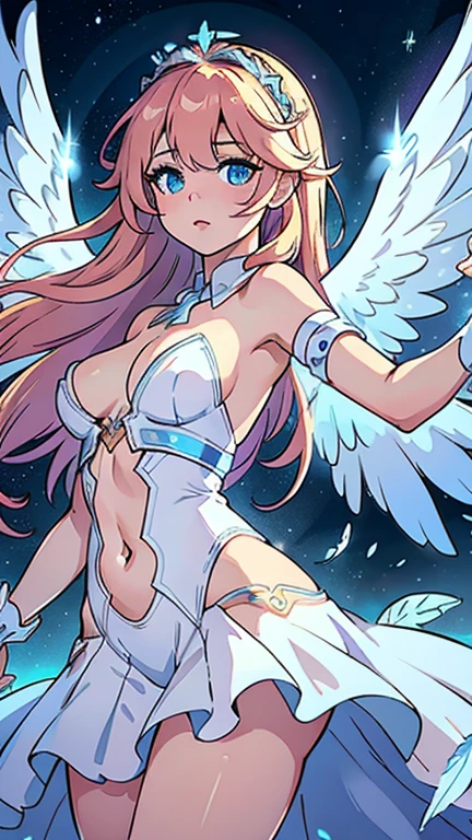 4k ultra hd, masterpiece, a girl, good face, detailed eyes, detailed lips, angel girl, big wings, transparent wings, neon lights, magnificent background, white Transparent dress, undress, no underwear, bare waist, feather crown, starry sky background, divine light, attractive pose, NSFW