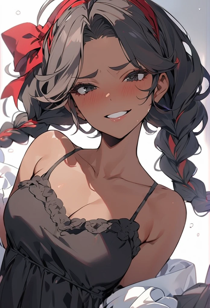 (anime style),masterpiece, best quality, extremely detailed,tanned skin,dark skin Beautiful body,BREAK,multicolored colorful hair,short hair,twin braids,BREAK,black eyes,happy smile,shy,eyebrow,smug,open mouth,eyes widen,sensual face,smile face,detailed lips,False eyelashes,BREAK,cotton red big ribbon,BREAK, blackow camisole dress,frilled clothing,bridal gown,lmicroskirt,break,head tilt,