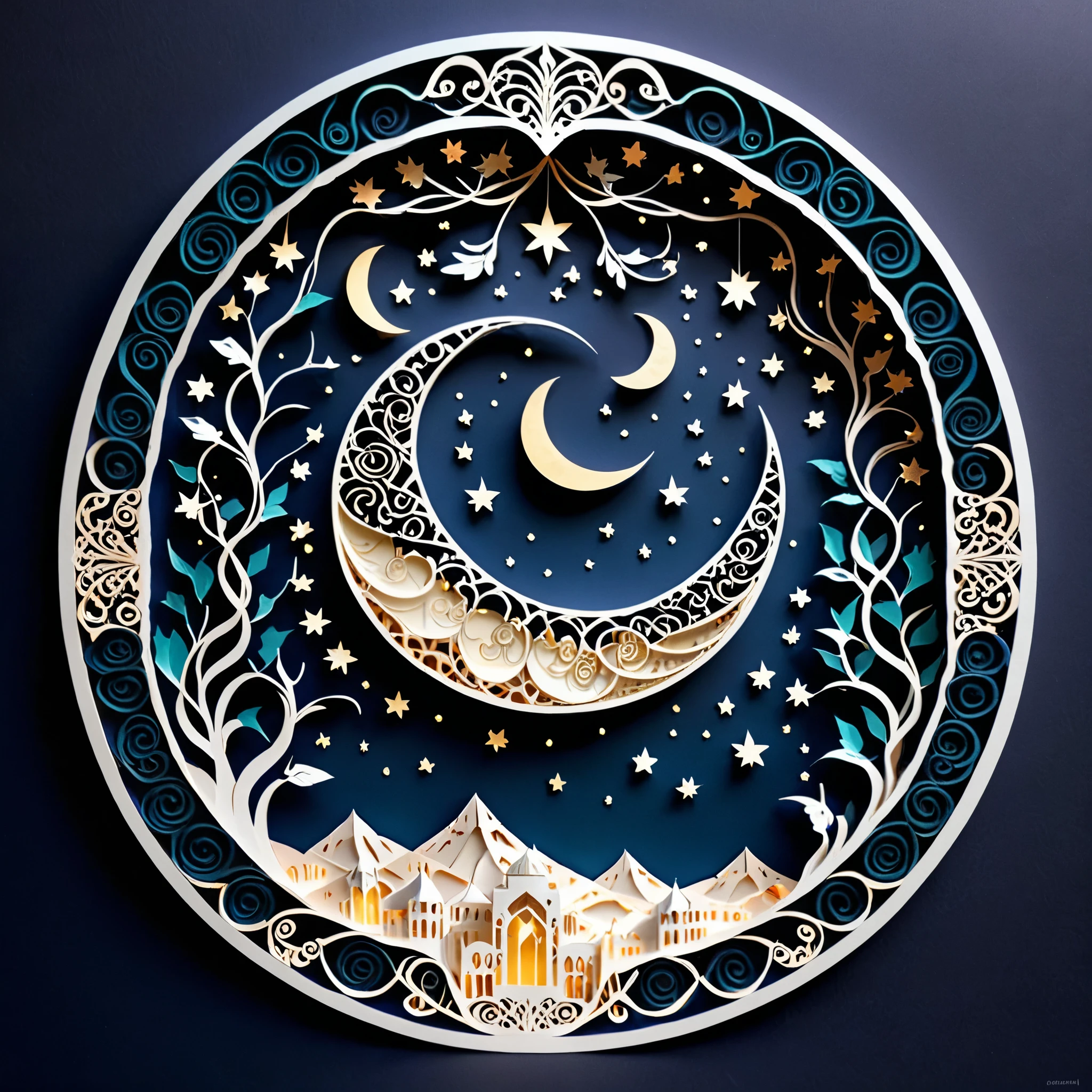 Create a detailed paper cutout artwork depicting an intricate scene of arabesque patterns against a moonlit night. The artwork should include elaborate, swirling designs that capture the essence of arabesque art, set against the backdrop of a serene night sky illuminated by a full moon. The moonlight should cast delicate shadows and highlights on the patterns, enhancing their depth and intricacy. The overall mood should be mystical and elegant, evoking a sense of timeless beauty.