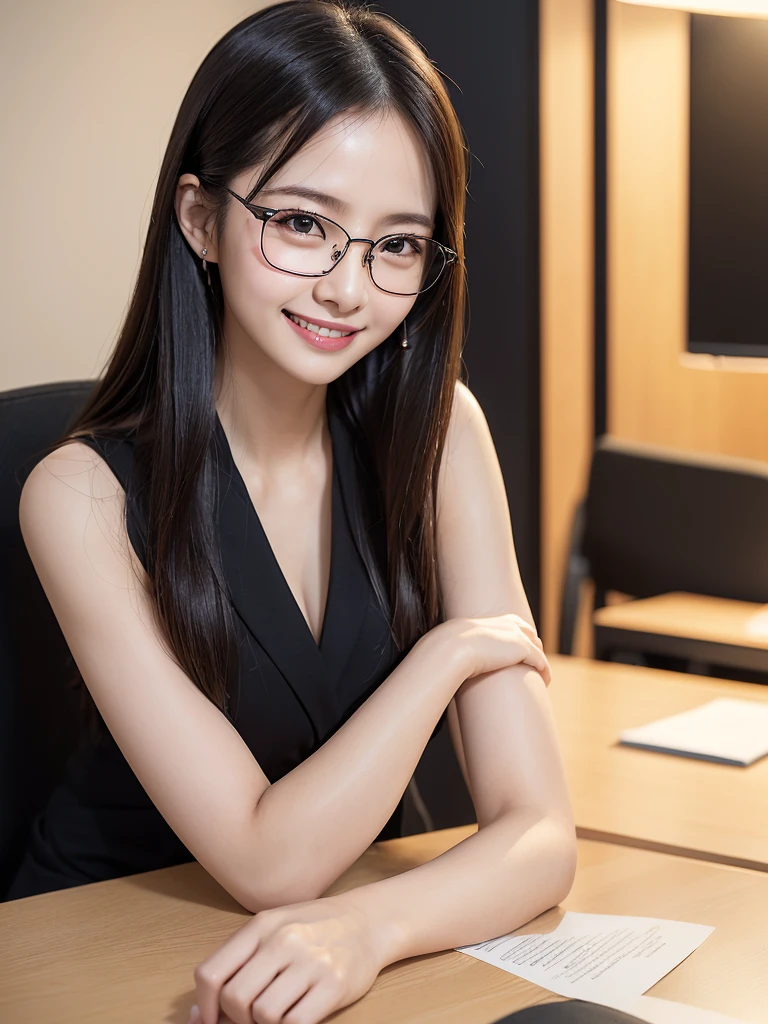 1 Beautiful young girl, 非常にBeautiful detailsな顔, (Slender body:1.2), (Detailed face:1.2), Conceptual Art, high quality, Realistic, Very detailed CG 統合 8k 壁紙, Very detailed, High-resolution RAW color photos, Professional photography, Realistic portrait, Cinematic Light, Beautiful details, Very detailed, Advanced Details, Depth of written border, Super stylish lighting, (Beautiful small breasts:1.2), Smooth and flawless skin, Expressive and captivating eyes, Well-defined facial features, A perfectly balanced face, Fine Details and Realistic Textures,((((Office Room,Exposed office lady,overtime,night,whole body,Sexy smile,Black glasses))),1 person