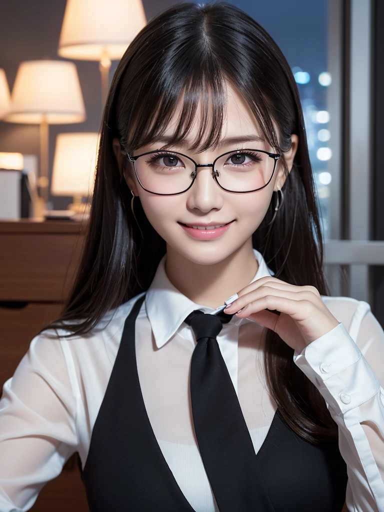 1 Beautiful young girl, 非常にBeautiful detailsな顔, (Slender body:1.2), (Detailed face:1.2), Conceptual Art, high quality, Realistic, Very detailed CG 統合 8k 壁紙, Very detailed, High-resolution RAW color photos, Professional photography, Realistic portrait, Cinematic Light, Beautiful details, Very detailed, Advanced Details, Depth of written border, Super stylish lighting, (Beautiful small breasts:1.2), Smooth and flawless skin, Expressive and captivating eyes, Well-defined facial features, A perfectly balanced face, Fine Details and Realistic Textures，((((Office Room，Exposed office lady,overtime,night,whole body，Sexy smile，Black glasses)))，1 person
