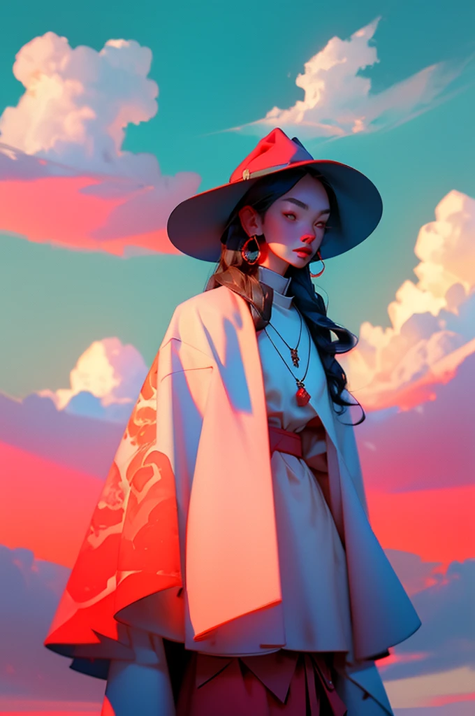 (masterpiece, best quality:1.2),red Tibetan clothing,1 Tibetan girl, blue sky, cloud, cloudy sky, day, earrings,Plush hat, horizon,Tibetan Earrings,jewelry,necklace, lips,snow mountain, outdoors, parted lips, red lips, solo,flat chest,(upper body:1.2),standing,(arms behind back:1.2),(from front:1.2)