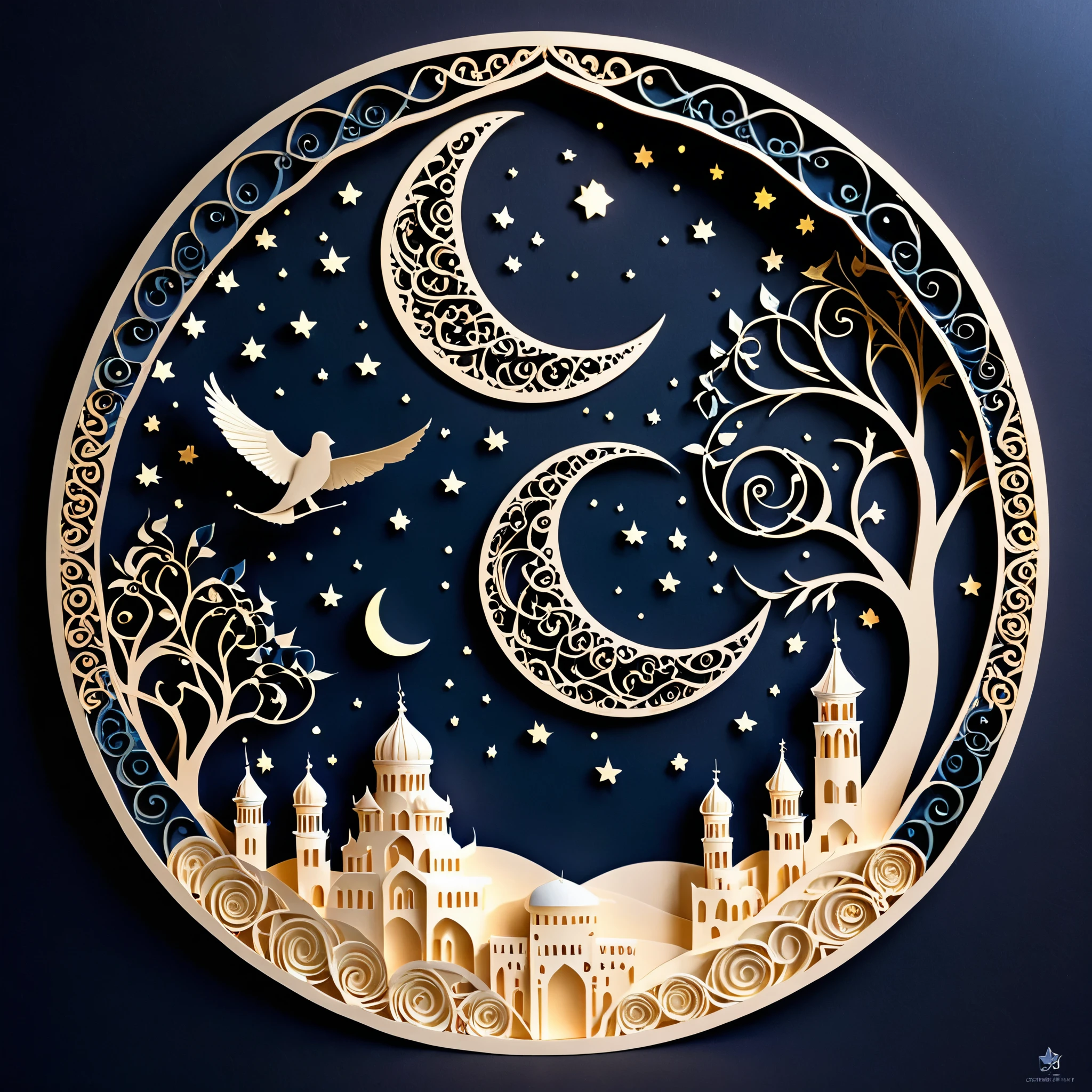 Create a detailed paper cutout artwork depicting an intricate scene of arabesque patterns against a moonlit night. The artwork should include elaborate, swirling designs that capture the essence of arabesque art, set against the backdrop of a serene night sky illuminated by a full moon. The moonlight should cast delicate shadows and highlights on the patterns, enhancing their depth and intricacy. The overall mood should be mystical and elegant, evoking a sense of timeless beauty.