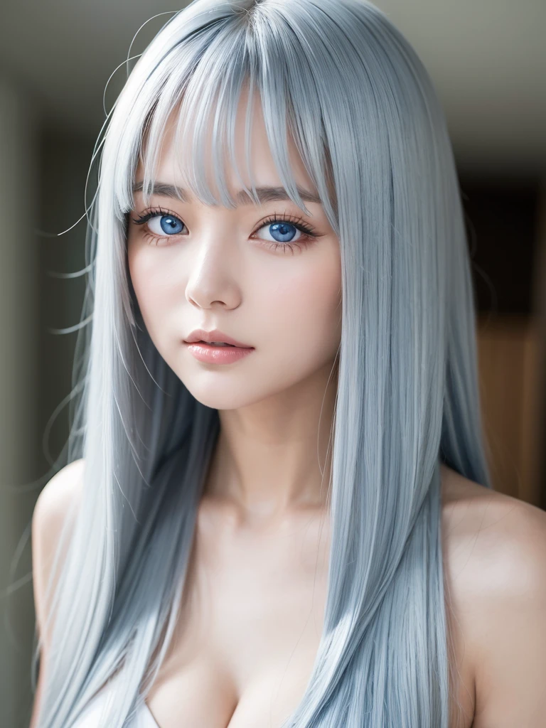 The Shining, clear, White skin、Her windblown silver hair hides her beautiful face..、Huge、Sexy beautiful face of 28 years old、Beautiful straight hair that stands out、growing up, light blue eyes shimmering、Sexy long silky bangs that cover the eyes, Sexy young woman with super long hair hiding her sexy face、The Shining silver hair、(((Sexy Woman)))、I can see her cleavage
