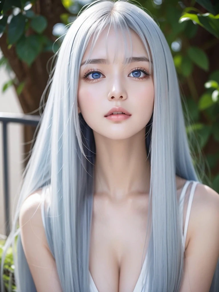 The Shining, clear, White skin、Her windblown silver hair hides her beautiful face..、Huge、Sexy beautiful face of 28 years old、Beautiful straight hair that stands out、growing up, light blue eyes shimmering、Sexy long silky bangs that cover the eyes, Sexy young woman with super long hair hiding her sexy face、The Shining silver hair、(((Sexy Woman)))、I can see her cleavage