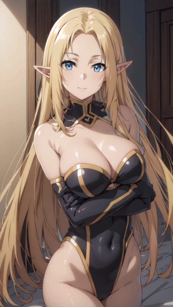 (Upper Body:1.3),(masterpiece:1.4),Medium Shot,anime,masterpiece,gravure, 8K,Realistic, Beautiful woman,An elegant and mature elven woman, Elf Ears,blue eyes, Place your arms behind your head,(美的animeの目:1.4),Large Breasts,blonde, Black bodysuit, smile,Beautiful breasts,(8K resolution:1.4), High quality CG, Beautiful CG, Soft Light,View your audience,(24-years-old),