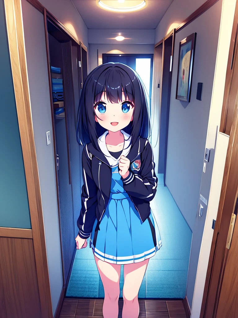 Masterpiece, hd, 2d, Alice, black hair, blue eyes, long hair, wear gaming  Jacket  black and blue , standing, indoor, smile, happy