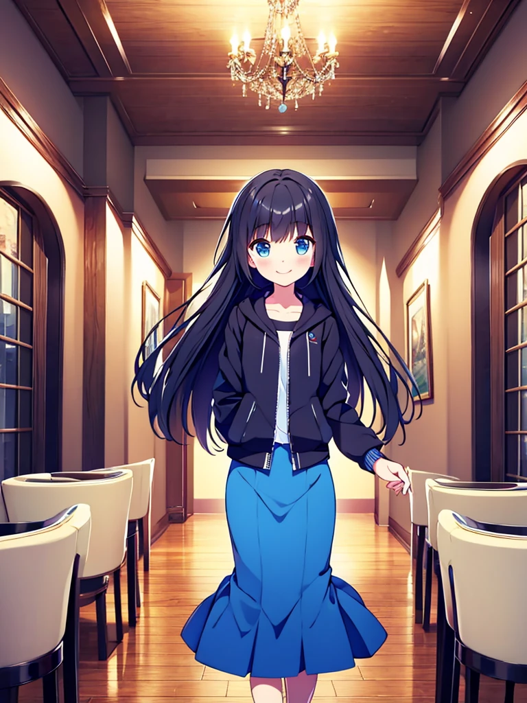 Masterpiece, hd, 2d, Alice, black hair, blue eyes, long hair, wear gaming  Jacket  black and blue , standing, indoor, smile, happy