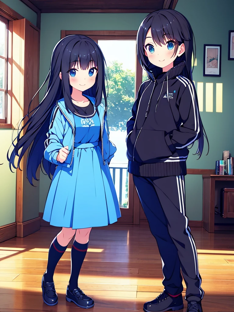 Masterpiece, hd, 2d, Alice, black hair, blue eyes, long hair, wear gaming Jacket black and blue , standing, indoor, smile, happy