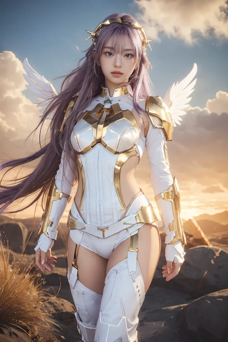 ((masterpiece, best quality, extremely detailed), volumetric lighting, ambient occlusion, colorful, glowing), 
1girl, solo, young girl, (purple hair), long hair, halo, aura, sacred, goddess, cleric suit, (white outfit with gold detailst:1.3), angel wings,
outdoors, sunset, sky, clouds, space, (fantasy theme:1.2),