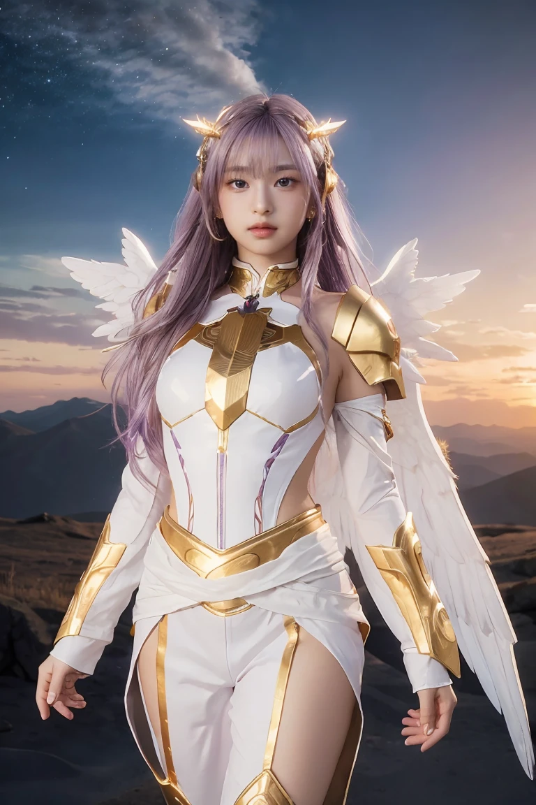((masterpiece, best quality, extremely detailed), volumetric lighting, ambient occlusion, colorful, glowing), 
1girl, solo, young girl, (purple hair), long hair, halo, aura, sacred, goddess, cleric suit, (white outfit with gold detailst:1.3), angel wings,
outdoors, sunset, sky, clouds, space, (fantasy theme:1.2),