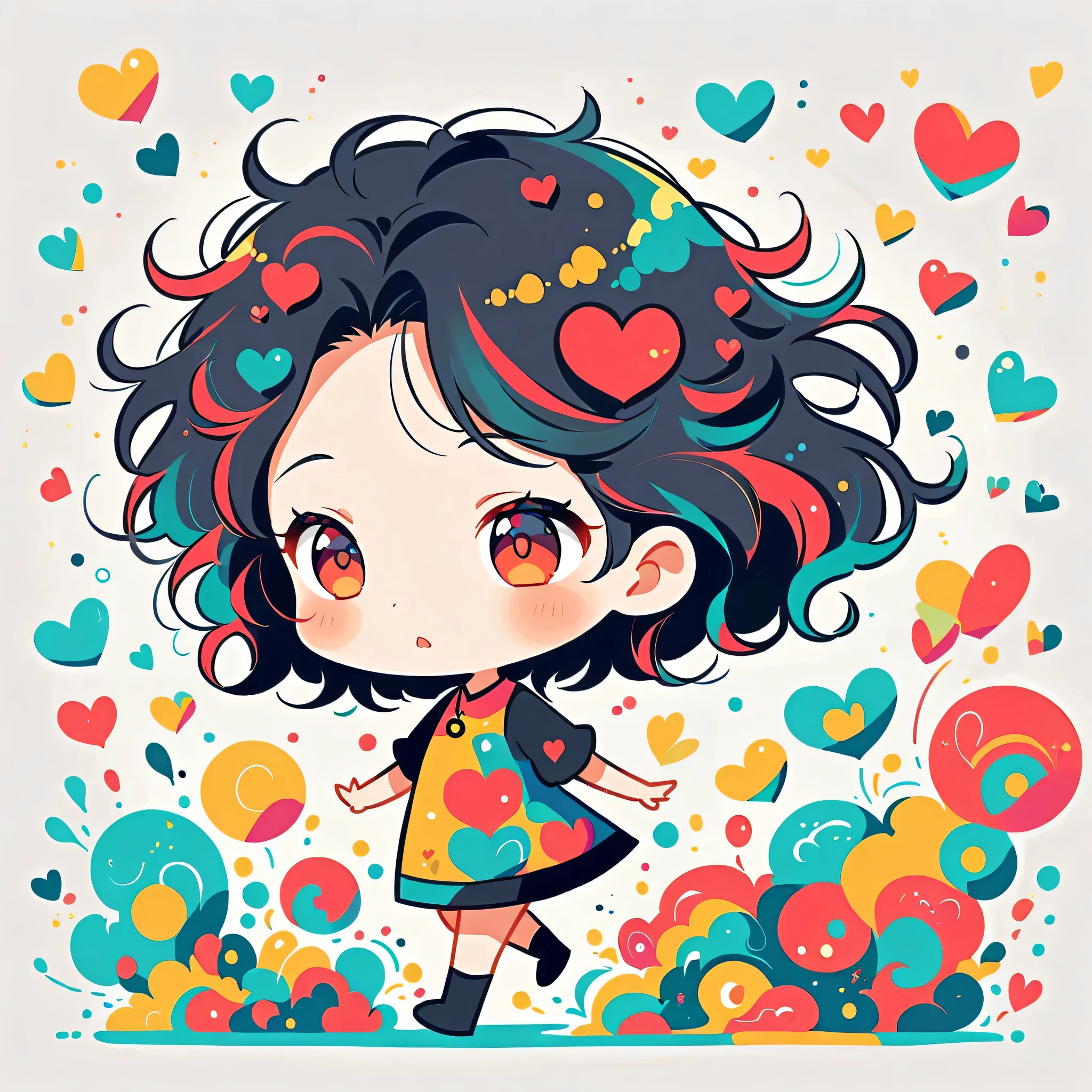Black Star Red and White style, Simple Line Initialism,Abstract art,Urban Background, colorful hearts ,(((The most beautiful girl of all time))), (((chibi))), walking with Cute amoeba