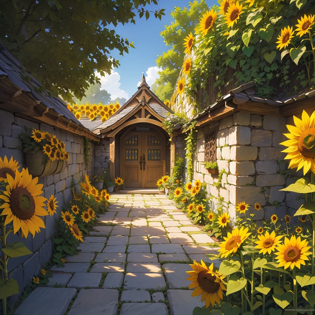 Imagine a tranquil medieval sunflower garden, where rows of towering sunflowers stand proudly under the warmth of the sun. Picture bees buzzing lazily among the vibrant blooms, collecting pollen as butterflies flutter gracefully from flower to flower. Stone pathways meander through the garden, bordered by fragrant herbs and bordered by ancient stone walls draped with ivy. In the distance, a rustic wooden bench invites visitors to pause and immerse themselves in the serene beauty of this medieval sanctuary. Capture the essence of natural beauty and peacefulness in this sun-drenched garden, where the simplicity of medieval life harmonizes with the splendor of nature."