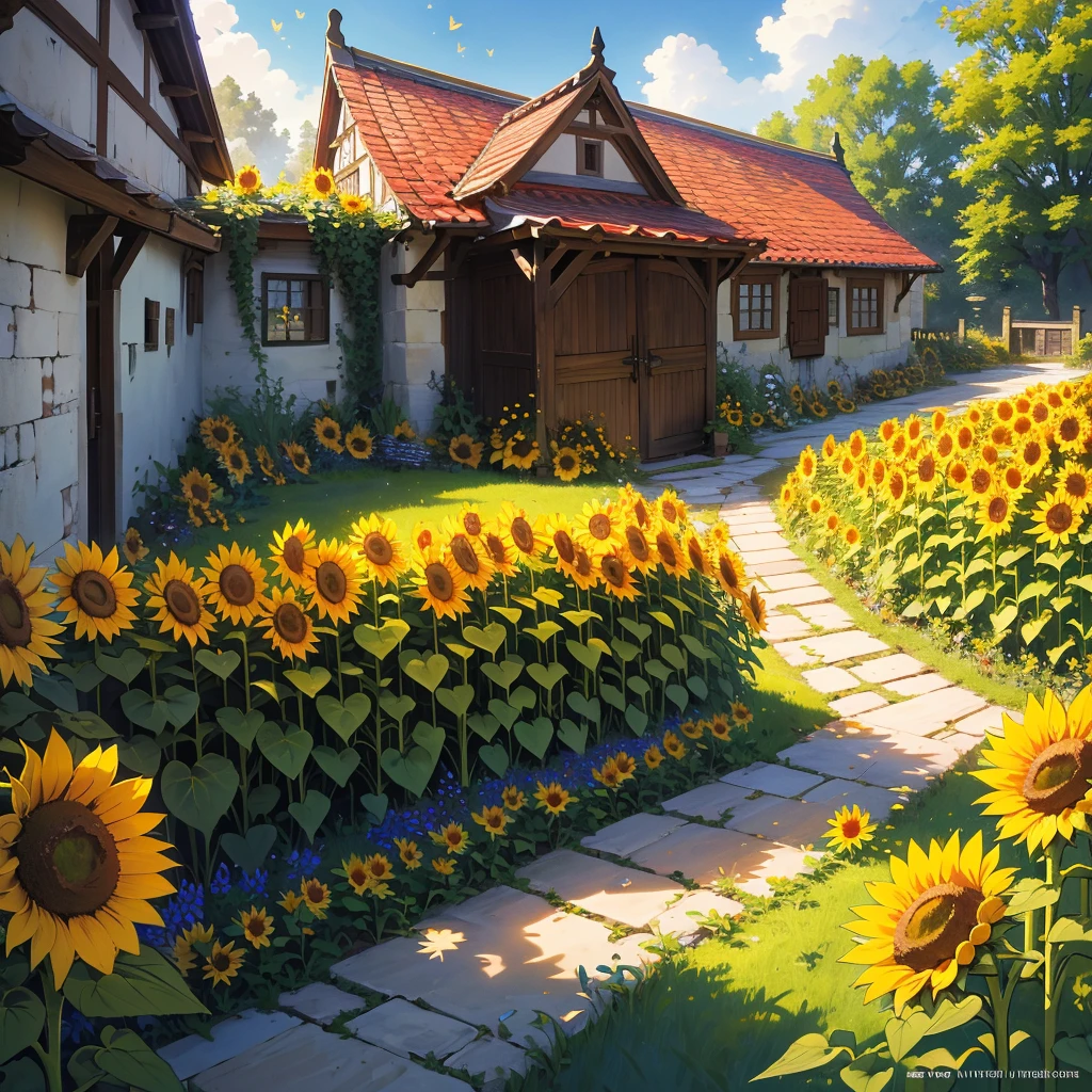 Imagine a tranquil medieval sunflower garden, where rows of towering sunflowers stand proudly under the warmth of the sun. Picture bees buzzing lazily among the vibrant blooms, collecting pollen as butterflies flutter gracefully from flower to flower. Stone pathways meander through the garden, bordered by fragrant herbs and bordered by ancient stone walls draped with ivy. In the distance, a rustic wooden bench invites visitors to pause and immerse themselves in the serene beauty of this medieval sanctuary. Capture the essence of natural beauty and peacefulness in this sun-drenched garden, where the simplicity of medieval life harmonizes with the splendor of nature."