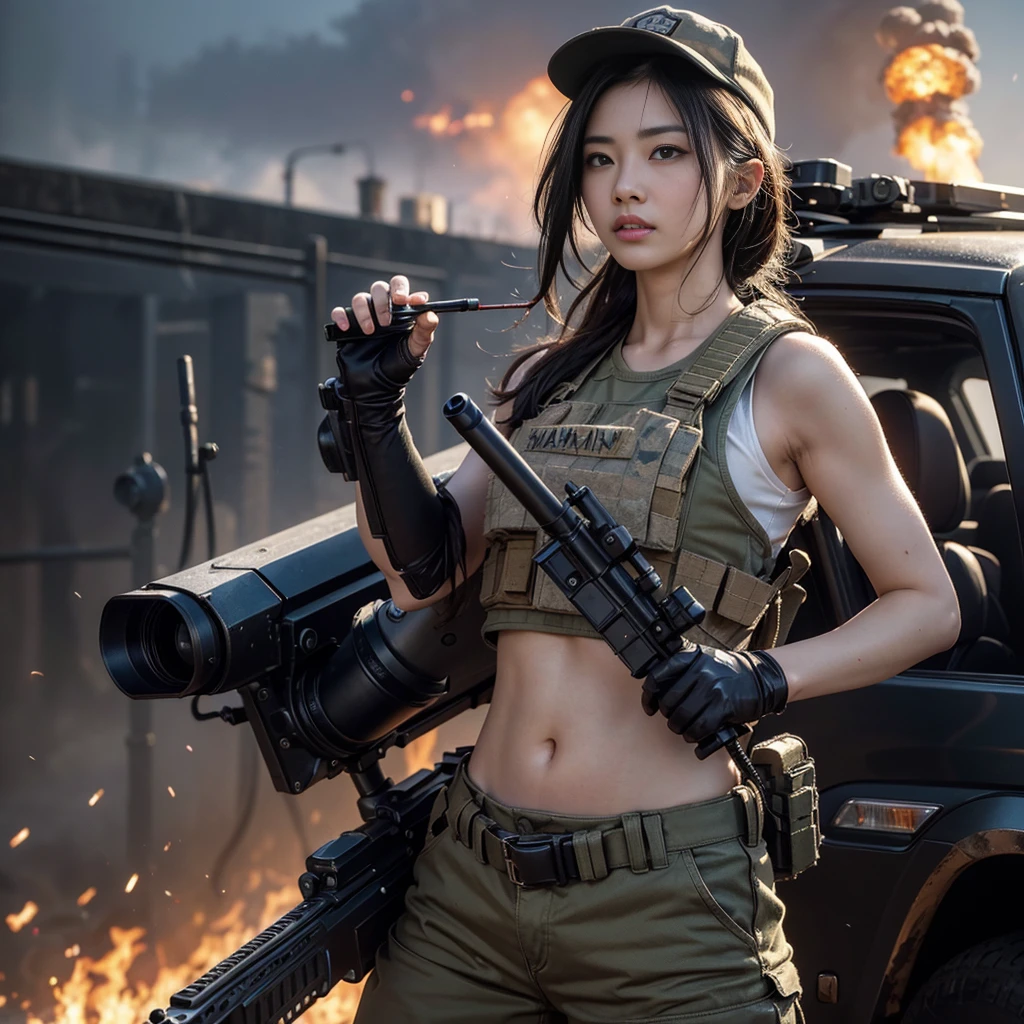 (8K, RAW Photos, Highest quality, masterpiece:1.2),(Realistic, Realisticな写真:1.4),(非常に詳細な CG Unity 8K 壁紙),(Round face: 1.5), (Detailed pupil:1.3),(Cool eyes:1.1),(A small smile:1.1),(Unforgettable Eyes:1.1),(Your eyes are so beautiful:1.1),
24-years-old, Japanese women, Dirty Face, Covered in scars、Bronze Skin, U in clothes.s. Marine Corps Uniform,Bulletproof vest、Backpack、Heavy machinery、 Fighting on the battlefield, Strong muscles, World war, Modern warfare theme,armyの少女, Assault rifle with accurate details, (Gripping the rifle: 1.3), (Aim そして hold the rifle.: 1.3), Gunfight, army, Baseball cap, car on fire, war zone,, explosion, Burning City, cigarette, Torn Tank Tower, belly button, Gloves, 破れたarmy用パンツ, Faces stained with mud and blood, Sweaty skin, bloody skin, Muddy skin, declaration of determination, Precise Representation, Highest quality, Ultra-high resolution, Realisticな, Spirit、Physically Based Rendering(Physically Based Rendering(Physically Based Rendering)), Cinema Lighting, Complex, Cinematic look,Cinematic soft light, Pleasant tone of voice, Battlefield Background, Background of urban warfare, Realistic, Cowboy Shot, Dynamic Angle,, Mahindrathar, electric wire, 8K!!, 偉大なmasterpiece,, make: Tom Karafik