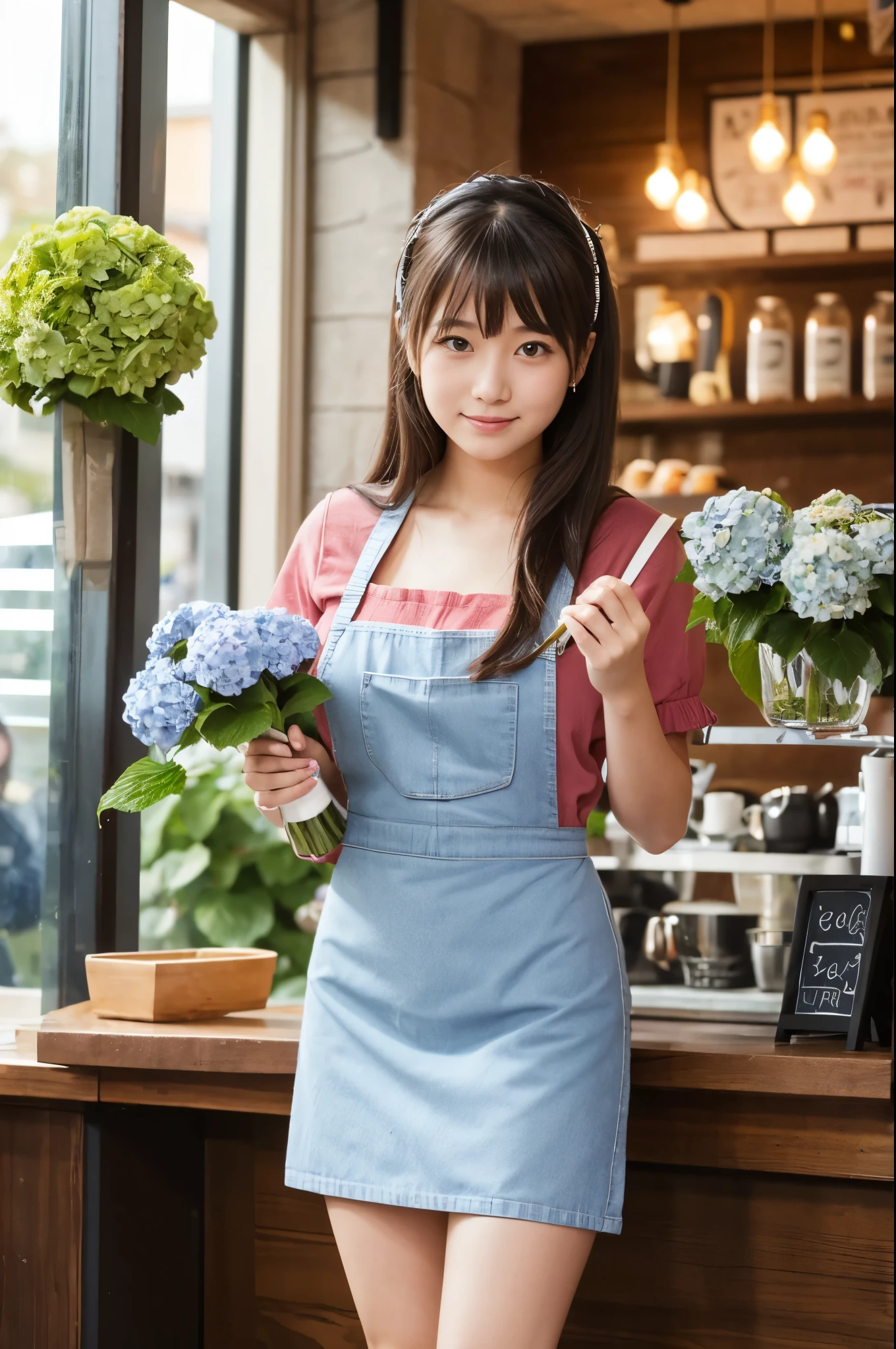 A 20-year-old girl working at a coffee shop decorated with hydrangeas（Wearing a miniskirt and apron）