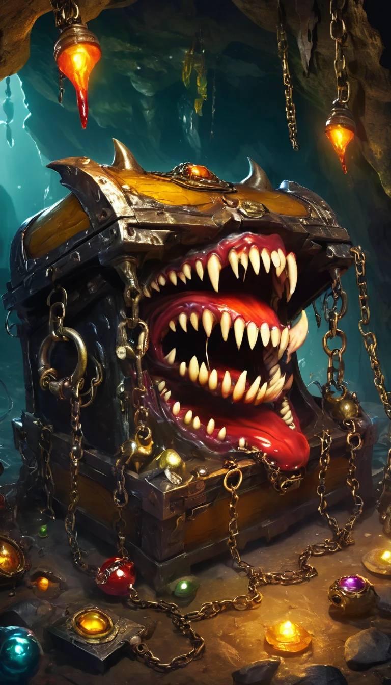 (masterpiece, best quality:1.2), In the cave,dark,Fear,imitate,Suspension,Mimic,Treasure Box Monster,Weird tongue and nasty teeth. Scattered jewelry,Greedy should be open, Reveals a big,