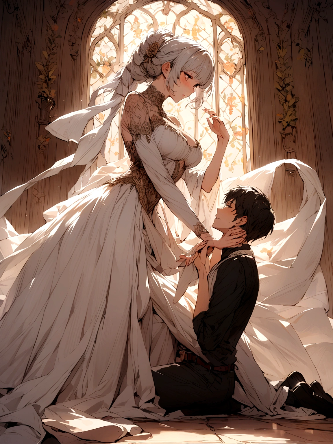 A grandmother and a young man in a romantic situation  