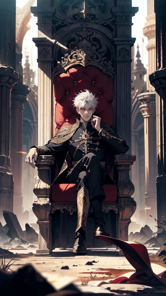 white haired, A red-eyed man sits on a majestic throne inside an ruinscape place. The environment around it is dark and gloomy, The throne is broken decorated, with details of gold and precious stones, and white ordinary outfit medieval. When he looks at the horizon with red eyes, Masterpiece, Best Quality, Ultra-detailed, illustartion, concept art in 8K resolution, Fantasy art, epic art, concept art wallpaper 4k, Deep color, natural lighting