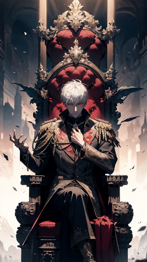 white haired, A red-eyed man sits on a majestic throne inside an ruinscape place. The environment around it is dark and gloomy, The throne is broken decorated, with details of gold and precious stones, and white ordinary outfit medieval. When he looks at the horizon with red eyes, Masterpiece, Best Quality, Ultra-detailed, illustartion, concept art in 8K resolution, Fantasy art, epic art, concept art wallpaper 4k, Deep color, natural lighting